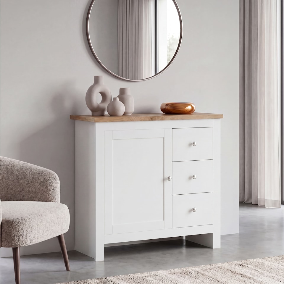 image 1 of Vida Designs Arlington 3 Drawer 1 Door Sideboard Shaker Buffet Cabinet Storage, White & Oak | White | White & Oak | 1