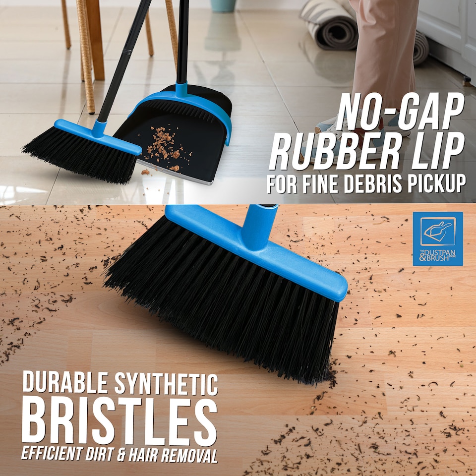 image 1 of Long Handled Dustpan and Brush Set Upright Sweeping Broom with Built-In Bristle Cleaner