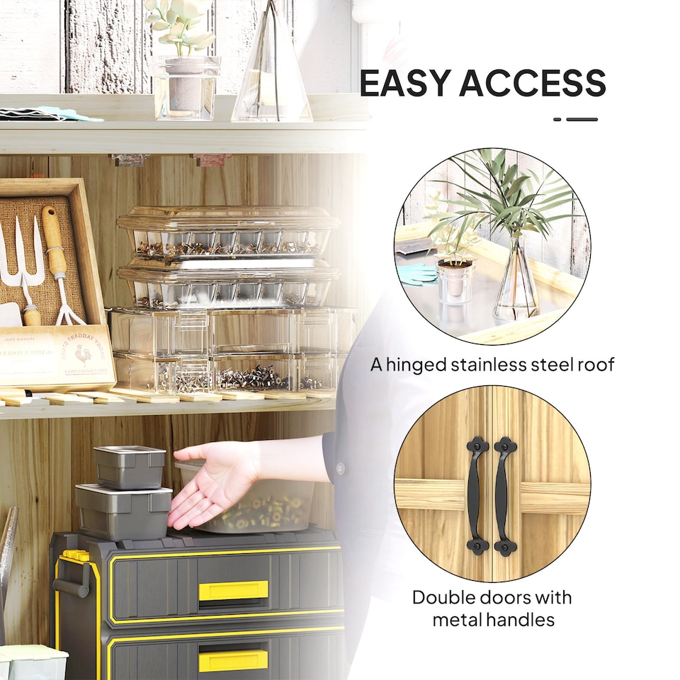 image 1 of Outsunny Wooden Garden Shed, Garden Tool Storage Shed with Hinged Roof and Shelf, Outdoor Storage Cabinet with Double Doors, Natural Wood Finish | White | 1