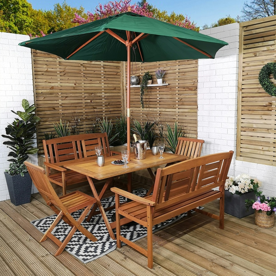 image 1 of Outdoor 6 Person Folding Rectangular Wooden Garden Patio Dining Table Chairs and 2 Benches Parasol and Base set