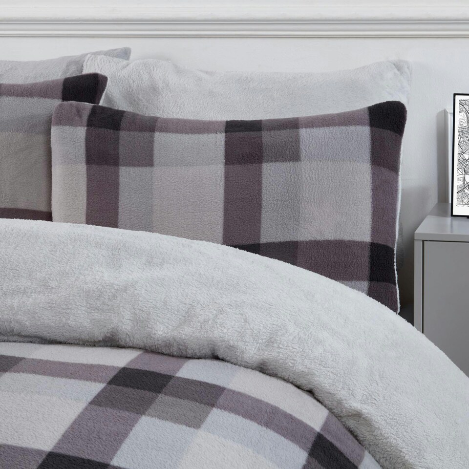 image 1 of OHS Check Print Teddy Fleece Duver Cover and Pillowcase Set, Single - Grey