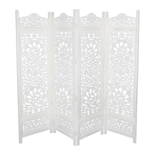 4 Panel Heavy Duty Carved Screen Wooden Lotus Design Room Divider White 200 x 180 cm | White | White | 200 x 180 cm
