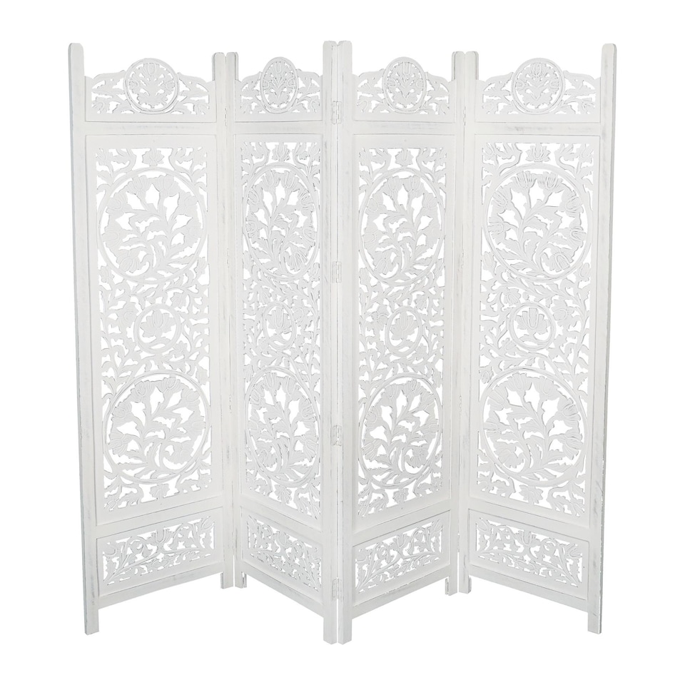 image 1 of 4 Panel Heavy Duty Carved  Screen Wooden Lotus Design Room Divider White 200 x 180 cm | White | White | 200 x 180 cm