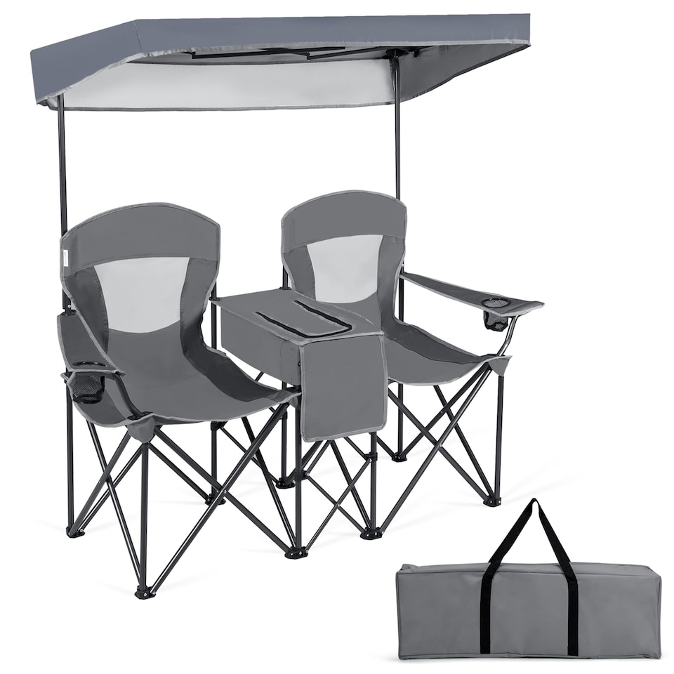 image 1 of COSTWAY Double Sunshade Folding Chairs 2-person Chairs | Grey