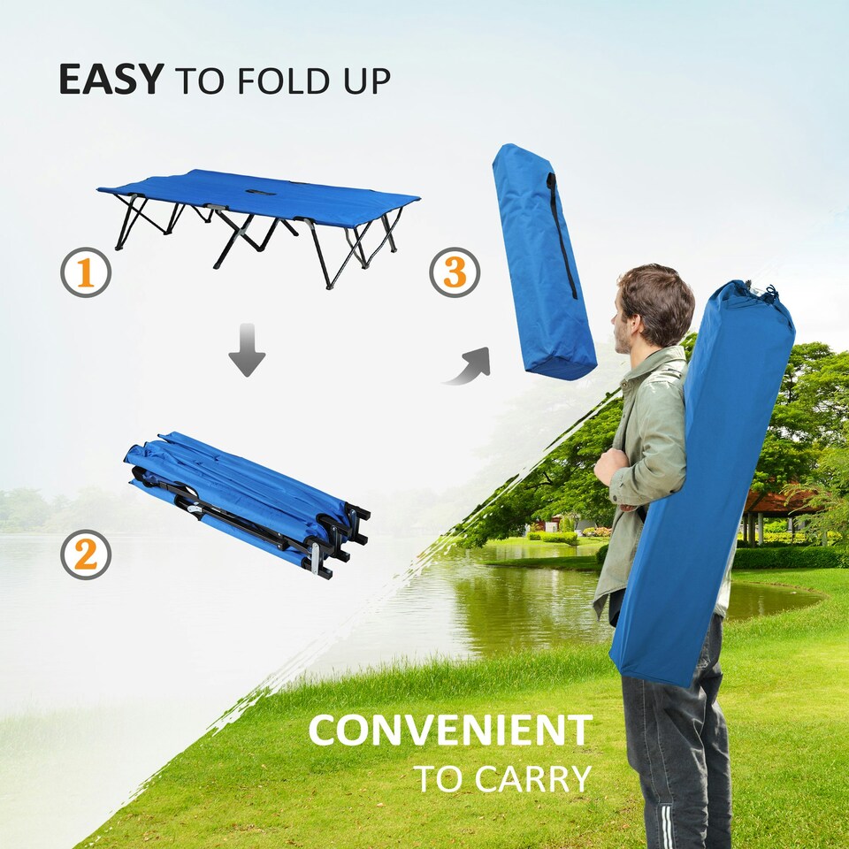 image 1 of Outsunny Double Camping Folding Cot Outdoor Portable Sleeping Bed, Blue