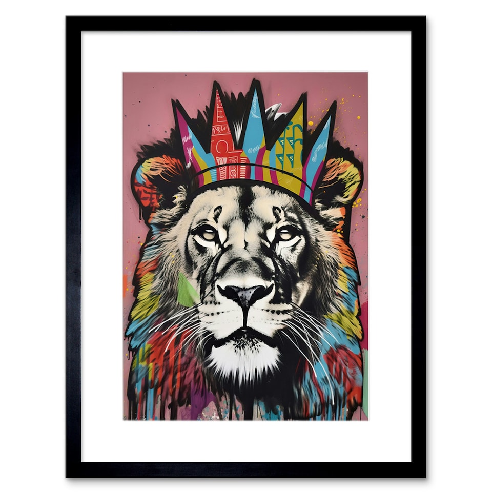 image 1 of Lion Crown King of Jungle Modern Pop 9x7" Black Framed Wall Art Print
