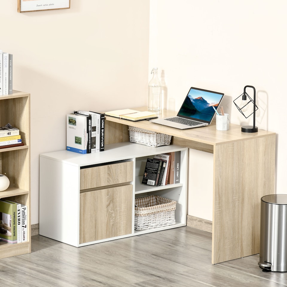 image 1 of HOMCOM L-Shaped Desk, Corner Computer Desk with Storage Drawer, Adjustable Shelf, Cabinet for Home Office and Study, 120 x 92 x 75cm, Oak and White