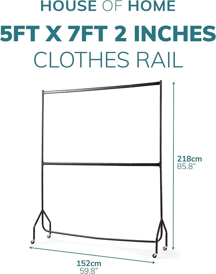 image 1 of House of Home Clothes Rail Two Tier Heavy Duty Garment Hanging Rack In Black 5ft long x 7ft | Black