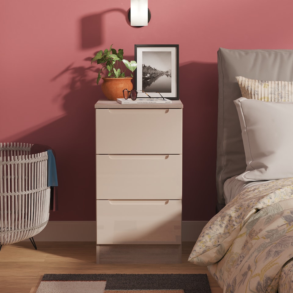 image 1 of Lucca 3 Drawer Bedside Cabinet in Kashmir Gloss & Grey Oak (Ready Assembled) | Cream | Kashmir Gloss & Grey Oak