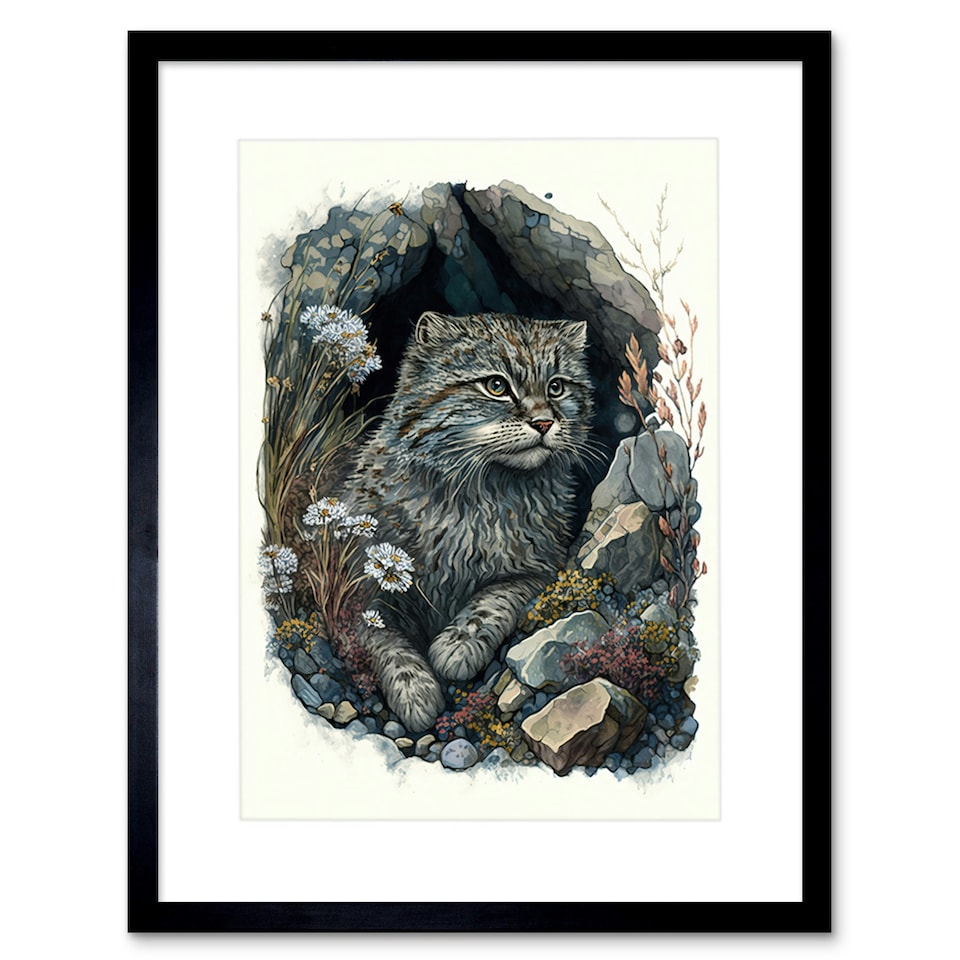image 1 of Wild Cat Rock Cavity Wildflowers Watercolour 9x7" Black Framed Wall Art Print