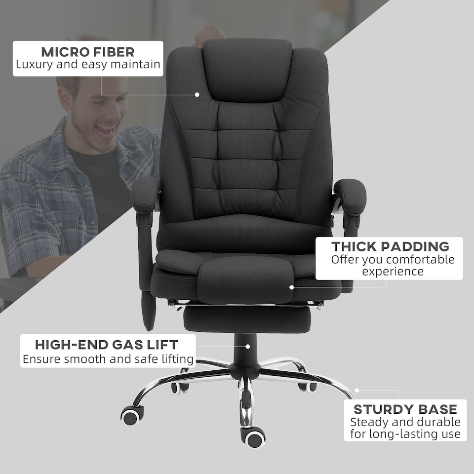 image 1 of Vinsetto Office Chair with 6 Point Massage and Back Heat, Microfibre Desk Chair with Footrest Adjustable Height and Swivel Wheels, Back Reclining, Full Black