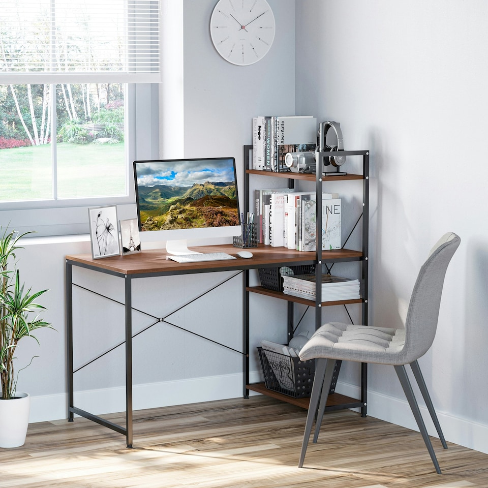 image 1 of HOMCOM Computer Desk Laptop Table w/4-tier Bookshelf Metal Frame Walnut, Black