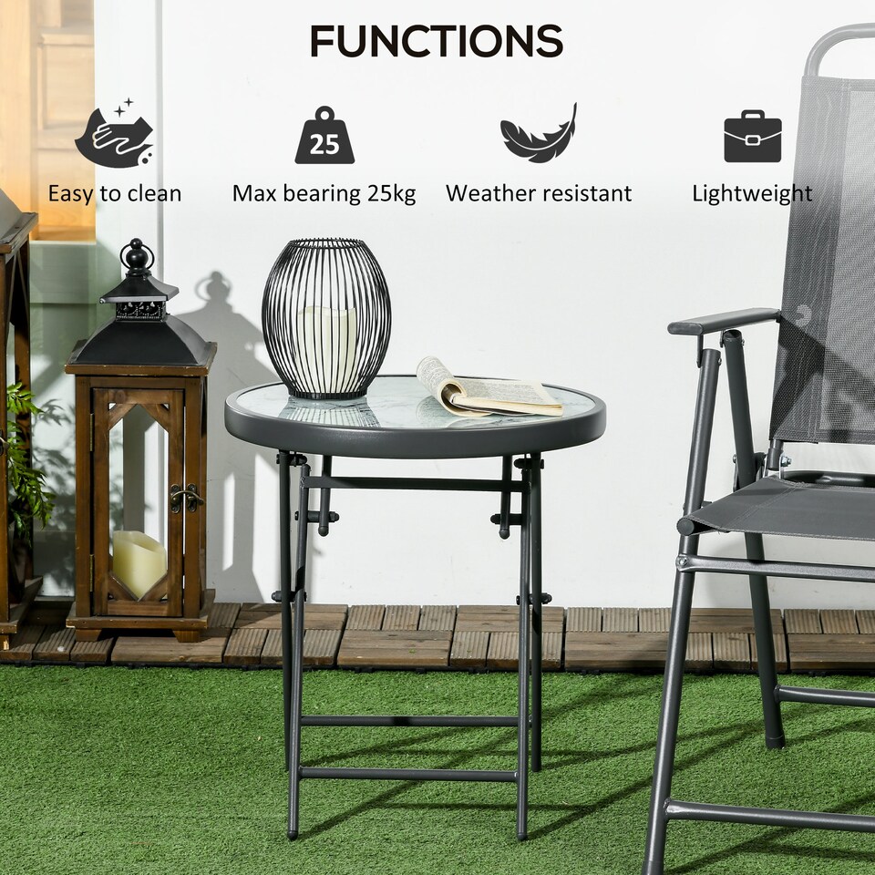 image 1 of Outsunny Round Folding Side Table w/ Imitation Marble Glass Top, White