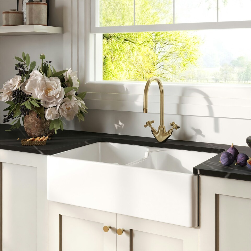 image 1 of Fireclay Kitchen Bundle - Double Bowl Stepped Weir Butler Sink, Wastes & Mono Crosshead Tap, 795mm - Brushed Brass - Balterley
