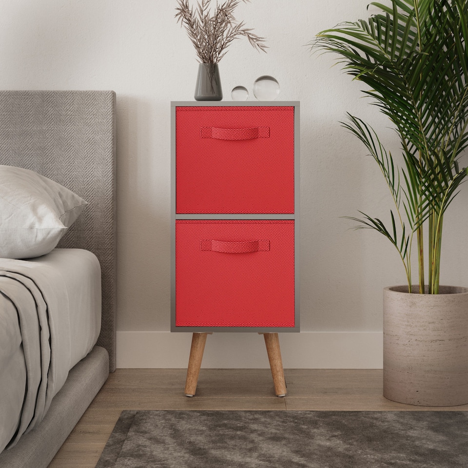 image 1 of Grey 2-Tier 2-Drawer Cube Shelving Unit with Scandinavian Legs | Red | Red & Beech | 1