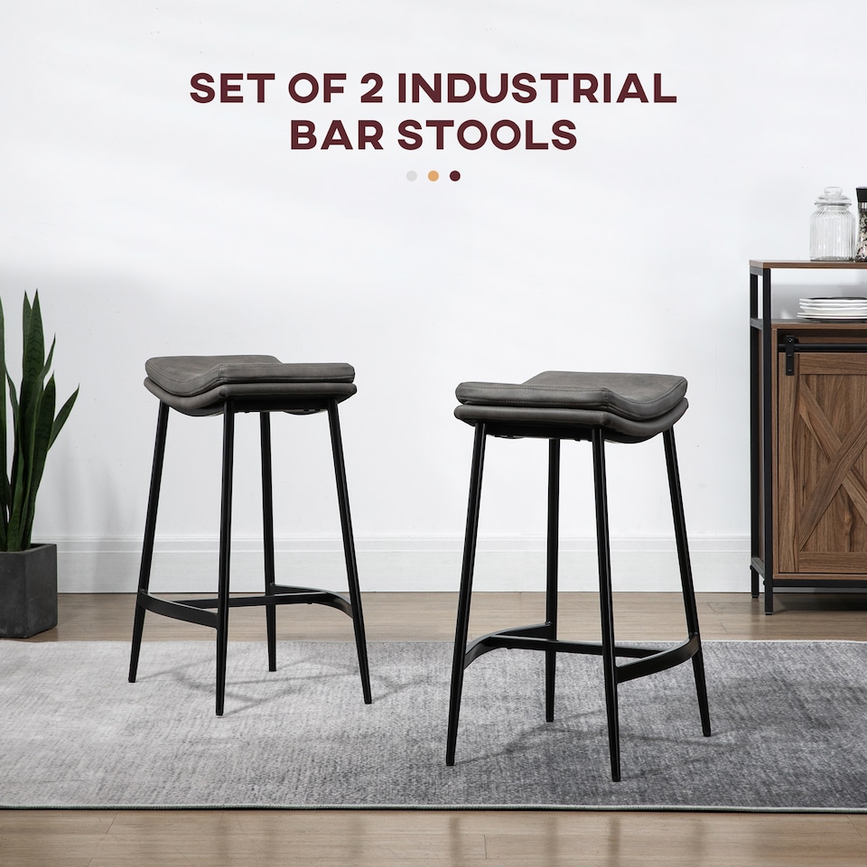 image 1 of HOMCOM Breakfast Bar Stools Set of 2, Microfibre Upholstered Barstools, Industrial Bar Chairs with Curved Seat and Steel Frame for Dining Room, Kitchen, Grey
