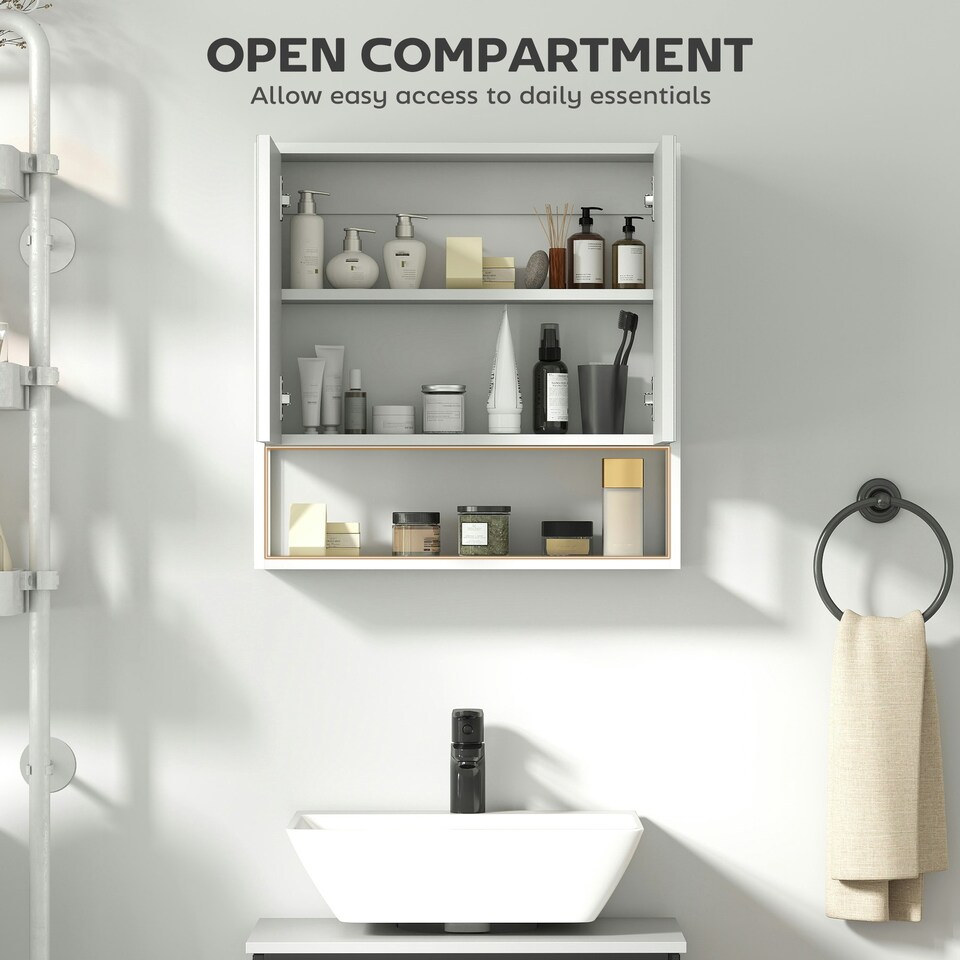 image 1 of HOMCOM Industrial Bathroom Cabinet with 2 Mirrored Doors Open Shelf White