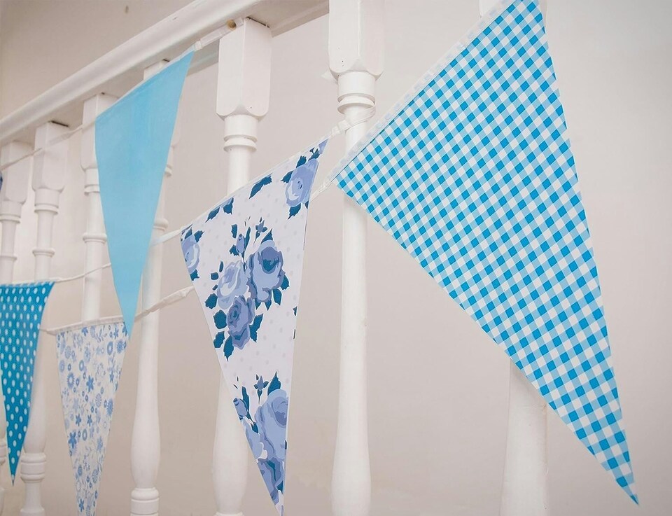 image 1 of Blue Vintage Print Party Bunting 10m with 20 Pennants