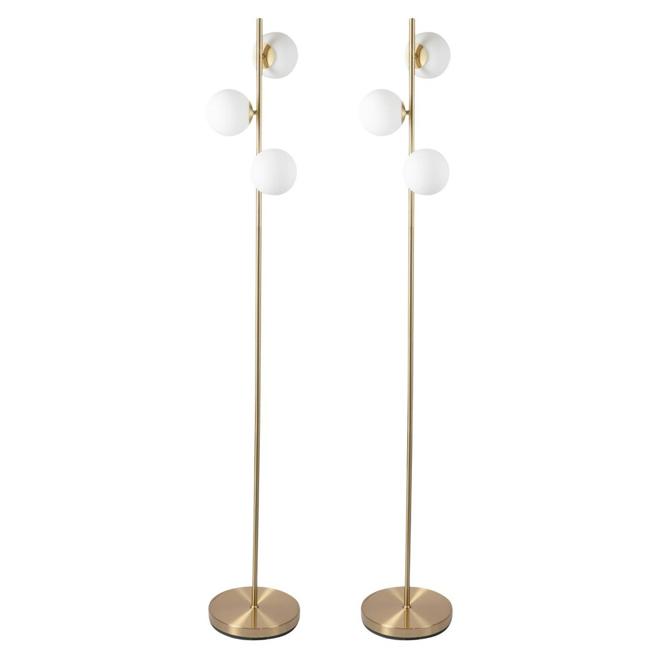 image 1 of First Choice Lighting Pair of Satin Brass Floor Lamps with Opal Globe Shades Bronze