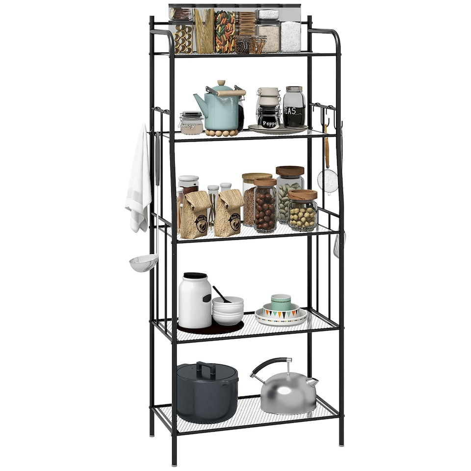 image 1 of HOMCOM 5-Tier Kitchen Storage Unit, Microwave Stand with Open Shelves and Hooks