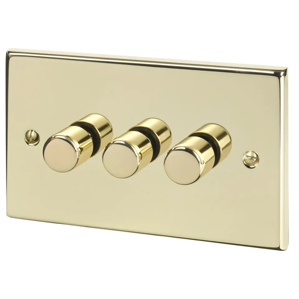 image 1 of Volex Crabtree Brass Gold 3-Gang Dimmer Light Switch