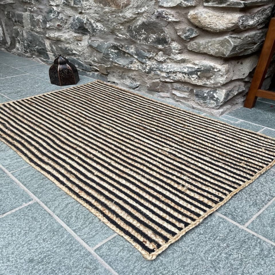 image 1 of CHAKKAR DARK Stripe Rectangular Braided Beige Black Rug - Jute - L75 x W120 - Beige/Black Brown