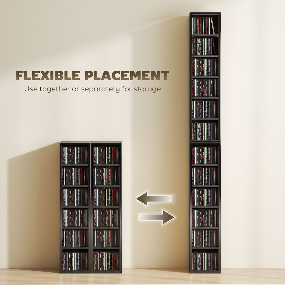 image 1 of HOMCOM Set of 2 CD Storage Units DVD Shelf with Adjustable Shelves | Black | High Gloss Black | 21W x 22.5D x 88.5H cm