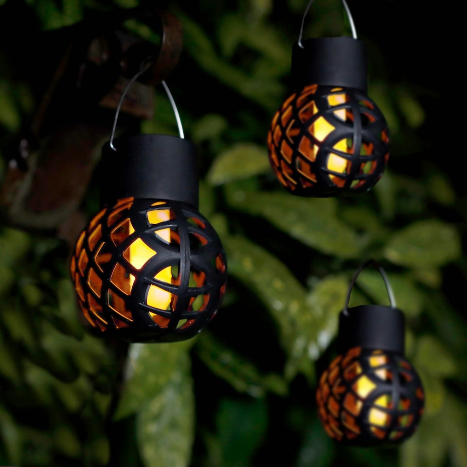 image 1 of Gardenwize Pack of 6 Solar Powered Hanging Dancing Flame Lantern Light Black