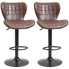 HOMCOM Bar Stools Set of 2 Adjustable Height Swivel Bar Chairs in PU Leather with Backrest & Footrest, Brown