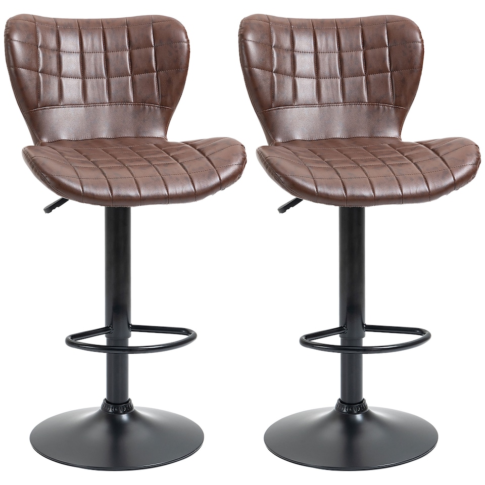image 1 of HOMCOM Bar Stools Set of 2 Adjustable Height Swivel Bar Chairs in PU Leather with Backrest & Footrest, Brown