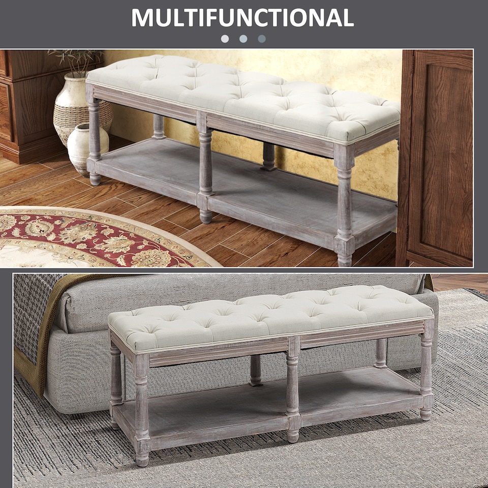 image 1 of HOMCOM 2-Tier Bed End Bench, Vintage Stool, Wooden Window Seat with Storage Shelf, Button Tufted Upholstered Footstool for Living Room, Bedroom, Entryway, Cream White | Cream | Cream