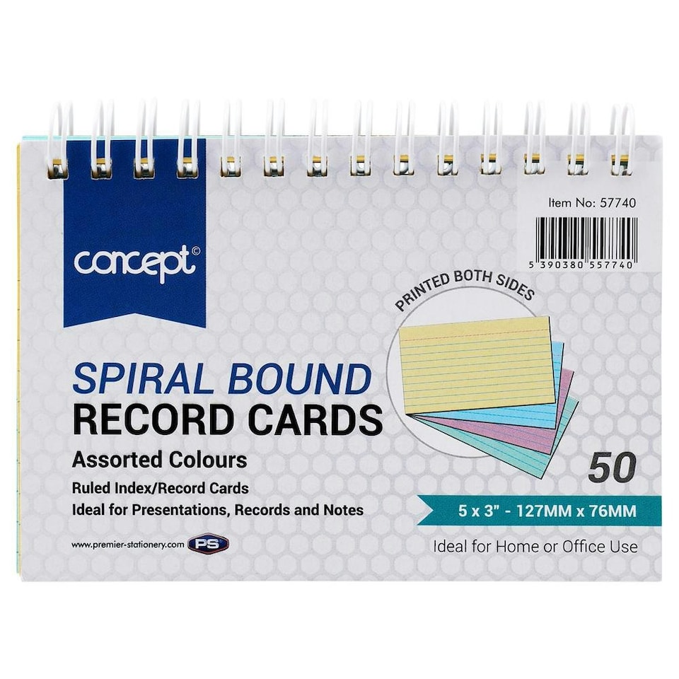 image 1 of Pack of 50 5"x3" Spiral Ruled Coloured Index Cards by Concept