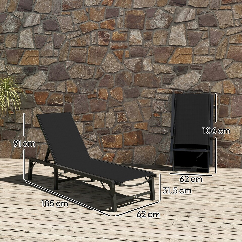 image 1 of Outsunny Folding Sun Lounger Set of 2, 5-Position Reclining Sun Bed Black | Black