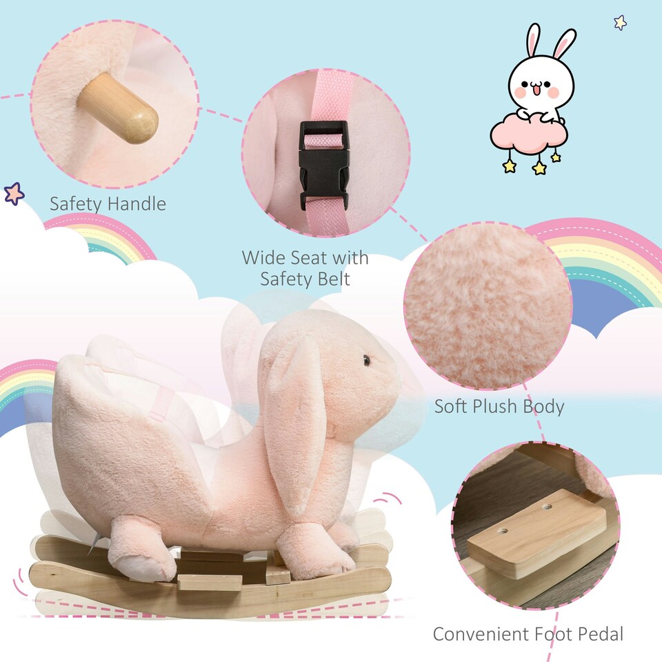 image 1 of HOMCOM Cute Kids Ride-On Rocking Rabbit w/ Sound Handlebars Seat Belt Plush Body