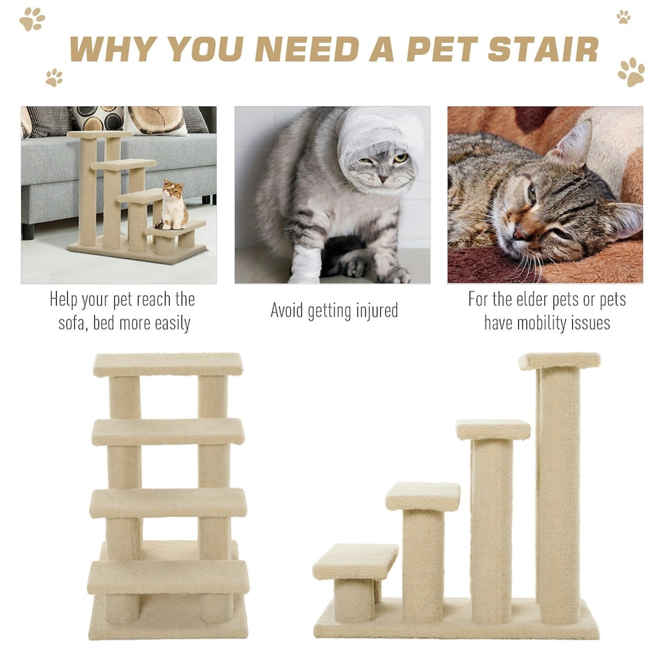 image 1 of PawHut Dog Steps for Bed 4 Step Pet Stairs for Dog Cat Climb Ladder Cream
