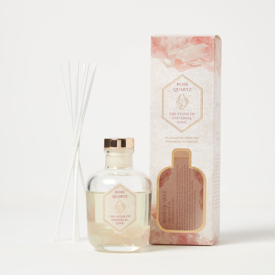 image 1 of Homescapes Rose Quartz Crystal Reed Diffuser – Rose & Eucalyptus Scent