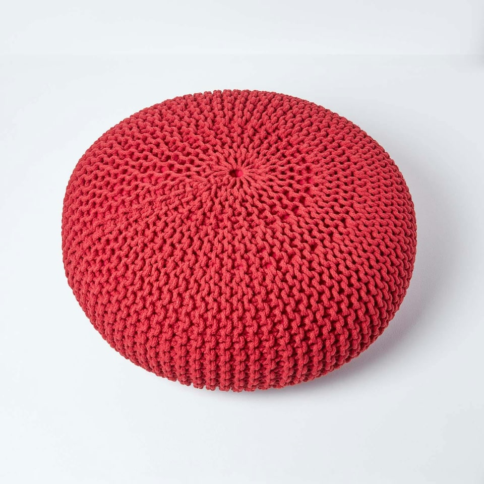 image 1 of Homescapes Red Large Round Cotton Knitted Pouffe Footstool | Red | 70 x 23 cm
