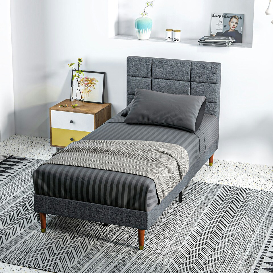 image 1 of HOMCOM 3ft Upholstered Single Bed Frame w/ Wooden Slat No Box Spring Needed