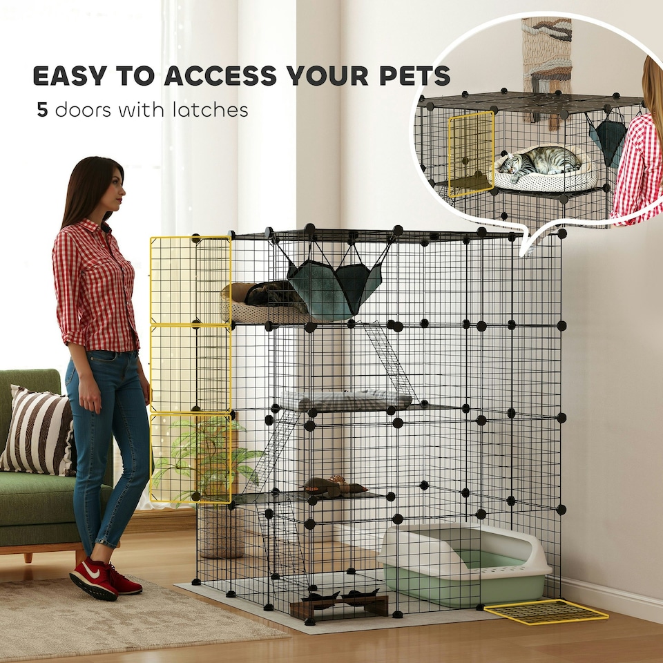 image 1 of PawHut DIY 4 Tier Cat Cage Indoor with Hammock, Ramps, Doors, for 1-3 Cats