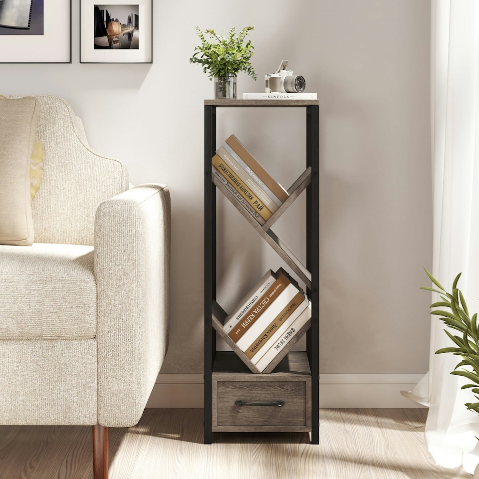 image 1 of COSTWAY 2 Pcs Tree Bookshelf 4 Tier Storage Bookcase with Drawer Grey