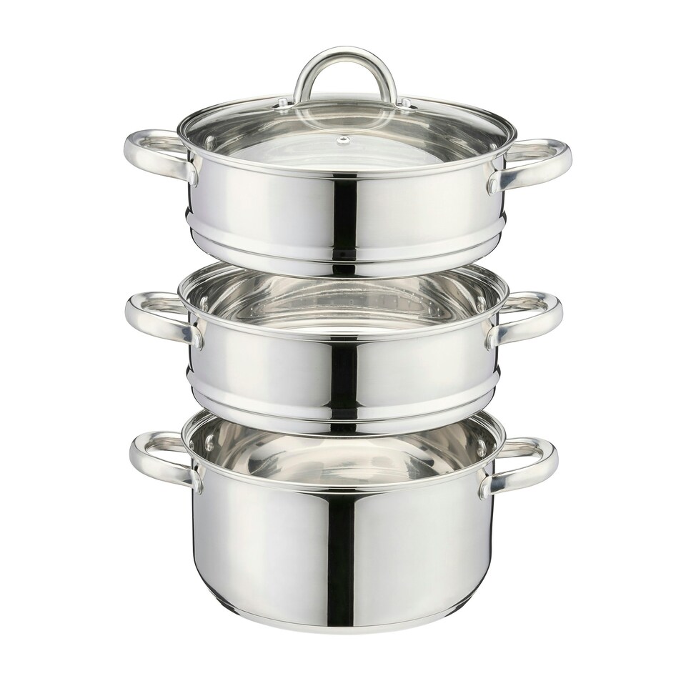 image 1 of Cooks Professional 3 Tier Stainless Steel Steamer Pan - Suitable for All Hobs Inc Induction - Dishwasher Safe - 24cm Diameter