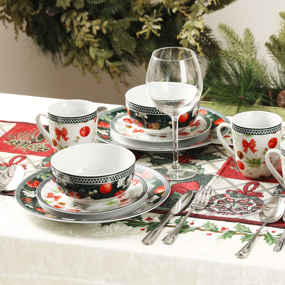 image 1 of simpa 18PC Christmas Flora Orchard Ceramic Dinner Set.