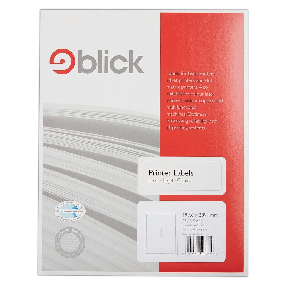 image 1 of Blick 1 Per Sheet, 25 Sheets, 199.6mm x 289.1mm, Rectangular, White, 25 Labels
