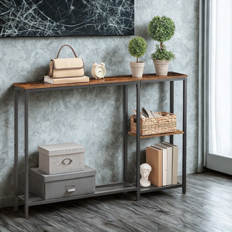 image 1 of Industrial Slim Hallway Console Table With Storage Shelves