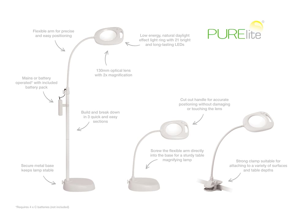 image 1 of PURElite Magnifying LED 3in1 Lamp - Table, Floor & Clip-on Light, Dimmable, Flexible for Needlework, Sewing, Crafting & Reading | White