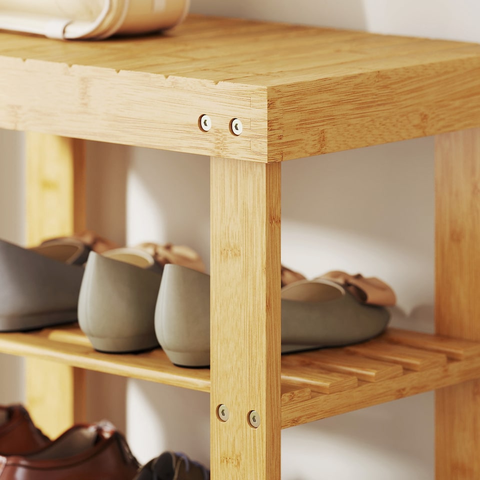 image 1 of HOMCOM Bamboo Shoe Bench, 3-Tier Shoe Storage Bench with Slatted Shelves for Entryway Hallway, Holds 4 Pairs, Nature Wood Finish | Brown | Natural wood finish