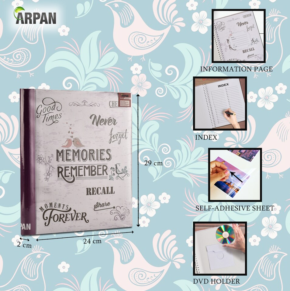 image 1 of ARPAN Large Self Adhesive Photo Album – 20 Sheets / 40 Sides – Holds Various Sized Photos up to A4 Size – Sticky Page Memory Scrapbook Album