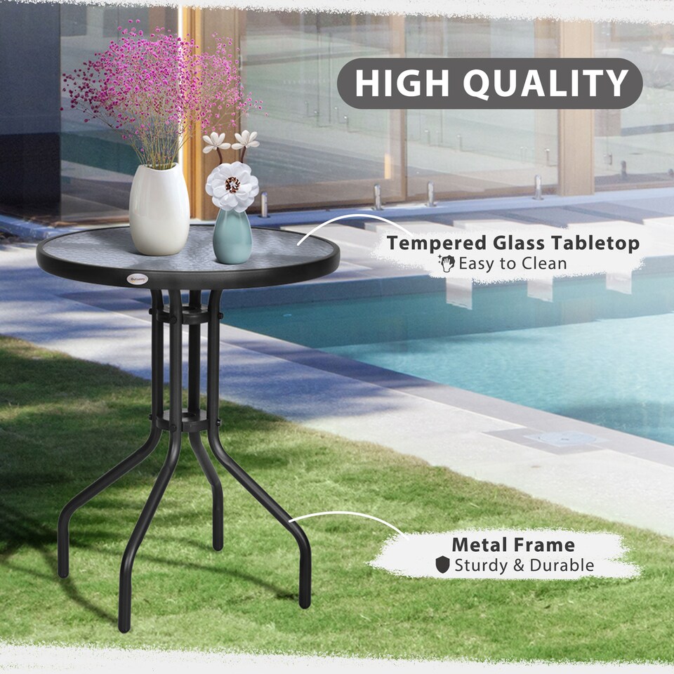 image 1 of Outsunny 60 cm Round Garden Side Table, Glass Top Garden Bistro Table, Black