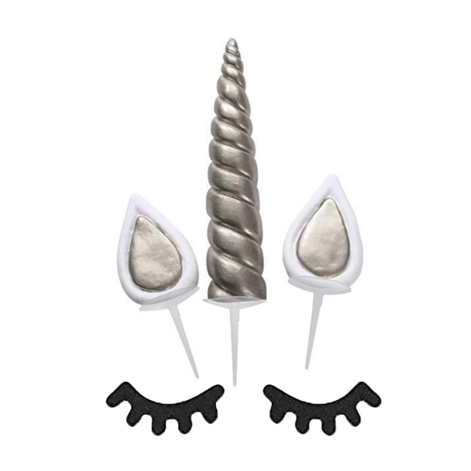 image 1 of Haven Large Unicorn Cake Decoration With 1 horn, 2 ears and 2 eyelashes., Silver