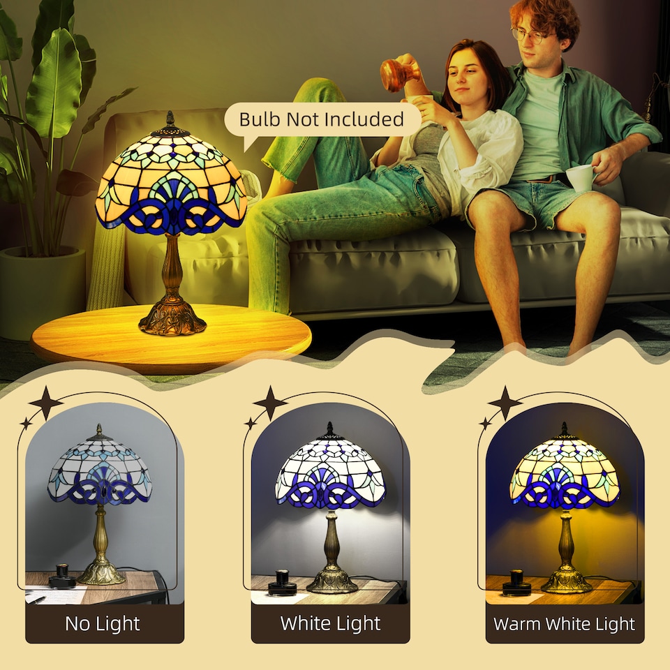 image 1 of HOMCOM Stained Glass Table Lamp, Handmade Antique Bedside Lamp for Bedroom, Living room, Home, Nightstand, Decorative Night Light, Blue